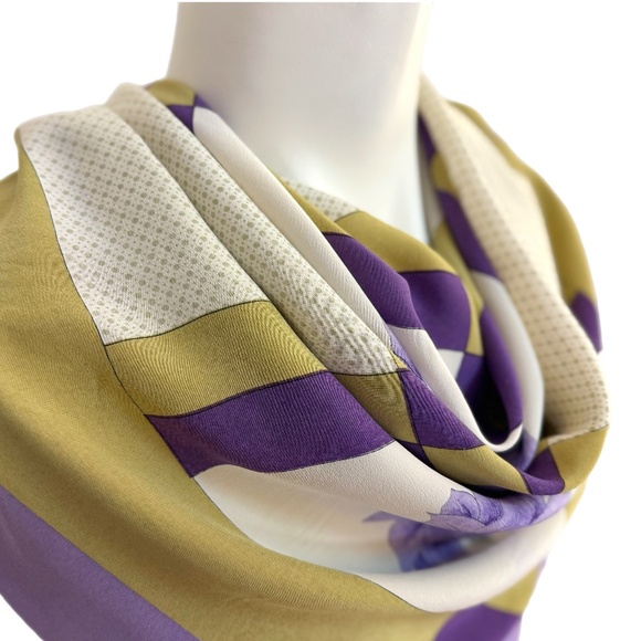 Vintage Gu Yun He 100% Silk Scarf - Purple & Gold Floral - Hand Rolled Edges - Picture 3 of 11